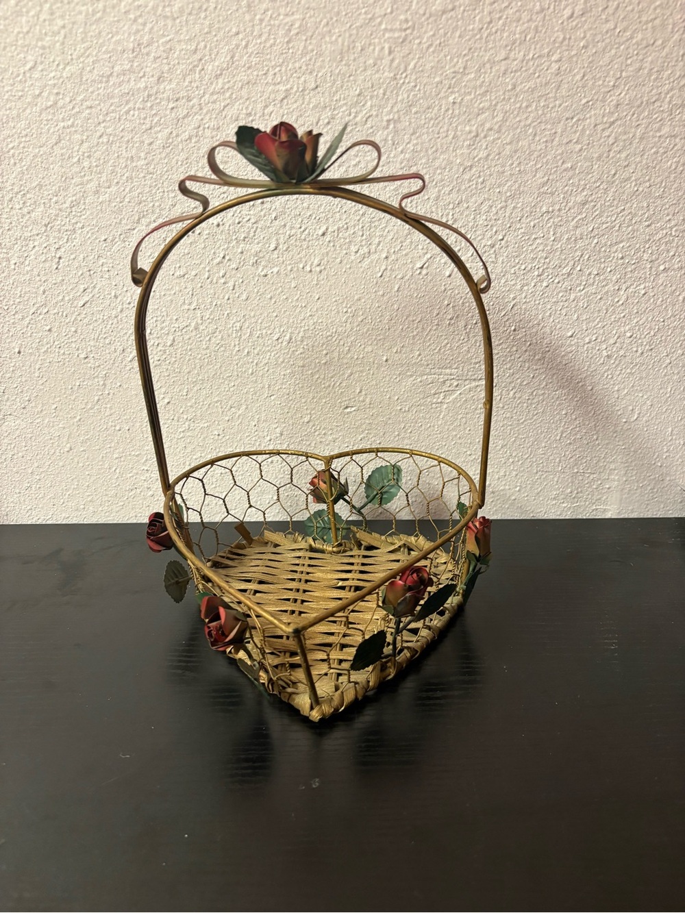 Vintage Heart Shaped Metal Rose Basket Gold Wicker Cottagecore Decor